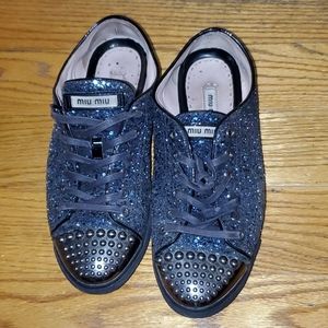 Miu Miu blue glitter studded cap toe sneakers